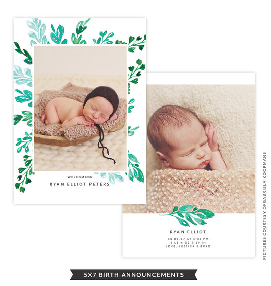 5x7 Birth Announcement | Green Brush e1491