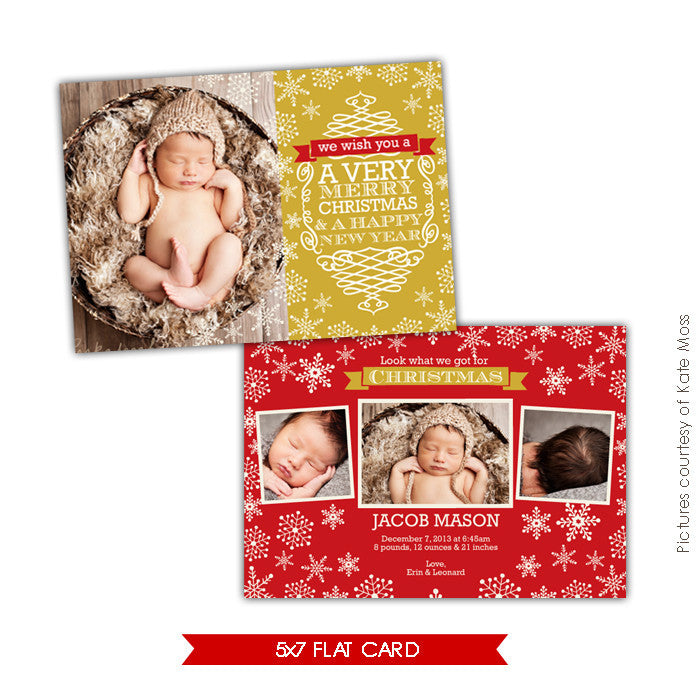 Holiday Birth Announcement Template | Golden snowflakes e633